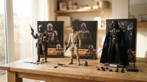 Star Wars action figure collection with display boxes and accessories